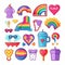 A set of stickers, an LGBTQ icon set. Symbols associated with pride Month in LGBT flag colors. Lips, hand holding a heart, flags,