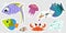 A set of stickers of marine inhabitants. Baby illustrations of fish, crab, jellyfish, seaweed, seashells.