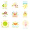 Set of stickers of natural children s menu with colorful images of natural fruits, sweets, ice cream, children s delicious drinks