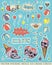 Set of stickers, pins. Skull, ice cream and circus attributes.