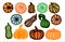 A set of stickers, pumpkins of different types. Design for plotter cutting. Multi-colored simple illustration