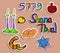Set of stickers for Rosh Hashanah. Shofar. 5779 Sketch, doodle, hand draw. Lettering inscription Torah scroll, honey, apple