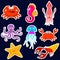 A set of stickers sea animals crab, octopus, squid, jellyfish, cancer. Vector stickers for cutting out.