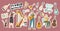 Set of Stickers Stringed Instruments Theme. Musician Characters Playing Music on Violin, Harp, Guitar or Balalaika