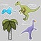 Set of stickers stylized dinosaur and tree