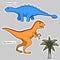 Set of stickers stylized dinosaurs and tree
