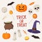 Set of stickers on theme of Halloween: skulls, ghosts, candy, pumpkins, hat and cauldron witches, bats.