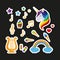 Set of stickers. Unicorn with closed eyes, harp, musical notes, sweets and other