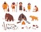 Set of Stone Age theme. Primitive people, children, mammoth, dwelling, hunting and labor tools, saber-toothed tiger