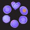 Set Stone slice trendy colar purple color. Round, oval, heart shape. Vector illustration on black