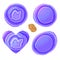 Set Stone slice trendy colar purple color. Round, oval, heart shape. Vector illustration on white