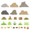 Set of stones of different shapes, forest stumps, logs, bushes, grasses, and mushrooms. Vector illustration