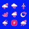 Set Storm, Fahrenheit, Rainbow with cloud and rain, Time sleep, Windy weather, turbine and icon. Vector