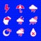 Set Storm, Water drop percentage, Rainbow with cloud and rain, Time sleep, Man having headache, and Lightning bolt icon