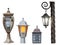 Set of street mounted wall and ground lights in classic old style