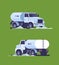 Set street sweeper truck washing asphalt with water industrial vehicle cleaning machine urban road service concept back