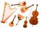 Set of stringed musical instruments. Collection of balalaika, harp, double bass, violin, guitar. Design layout for