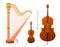 Set of stringed musical instruments. Collection of balalaika, harp, double bass, violin, guitar. Design layout for