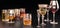 A set of strong alcoholic beverages in glasses, in the presence of whiskey, vodka, rum, brandy, tequila, on a dark background