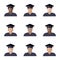 Set of students boys set in a graduate cap of different races, nationalities and skin colors, color image, icon