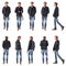 Set of stylish biker or rocker walking man in leather jacket and jeans. Side, front and back view.