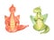 Set of stylish cartoon Dragons sitting in lotus pose. Dinosaur meditation. Colored Dragons practicing fitness exercises.