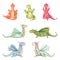 Set of stylish cartoon Dragons in various poses of yoga. Animal meditation. Colored Dragons practicing fitness exercises.