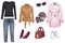 Set of a stylish and trendy women coat, a blouse or shirt, high heeles, a sweater, a handbag, a denim pants and other accessories