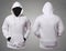 Set of stylish white hoodie sweater with anonymous black manequin on grey background, front and back view. Copy space mock up