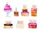 Set of stylized birthday cakes with candles