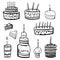 Set of stylized birthday cakes and tarts. Hand drawn cartoon vector black and white sketch illustration
