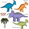 Set of stylized dinosaur with names and elements of vegetation