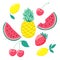 Set of stylized fruits, a symbol of summer. Collection of scrapbooking elements. design for holiday greeting card and invitation o