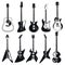 Set of stylized guitars. Collection of electric guitars. Black and white illustration of musical instruments. Linear art