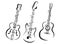 Set of stylized guitars. Collection of electric guitars with notes. Black and white illustration of musical instruments
