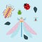 A set of stylized insects - a light-winged dragonfly, a large bright beetle, a ladybug, a plant aphid and a mosquito. Flat style,