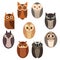 Set of stylized owls. Collection of decorative owls. Vector illustration of cartoon birds for children.