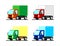 Set of stylized vector small trucks of different colors. Truck with an antenna. Flat vector image on a white background.