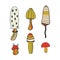 Set of stylizes mushrooms. Summer psychedelic elemenst in 70s and 80s style. Vibrant groovy and funky fungus. Rainbow