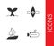 Set Submarine, Whale tail, Yacht sailboat and Kayak and paddle icon. Vector