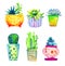 Set of succulents and cactuses in flowerpots. Watercolor hand drawn color sketch illustration