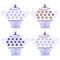 A set of sugar bowls for tea drinking in a classic style with gold decor and blue flowers. Isolated watercolor illustration on