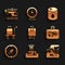 Set Suitcase, Airport control tower, Plane crash, Compass, Trolley baggage, Barrel oil and Helicopter icon. Vector