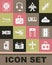 Set Suitcase, Airport runway, Cloud weather, Jet fighter, Plane, Attitude indicator and bus icon. Vector