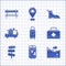 Set Suitcase, City map navigation, Mountains, First aid kit, Road traffic signpost, Rv Camping trailer, Hiking boot and