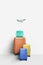 Set of suitcases and airplane model, minimal creative travel concept