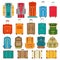 Set of suitcases and backpack icons in flat style