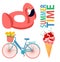 Set summer bicycle ice cream flat design summertime flat design flamingo cherry colorful print tulips food pink pool