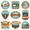 Set of summer camp, canoe and kayak club badges. Vector. Concept for patch. Retro design with camping, mountain, river