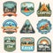 Set of summer camp, canoe and kayak club badges. Vector. Concept for patch. Retro design with camping, mountain, river